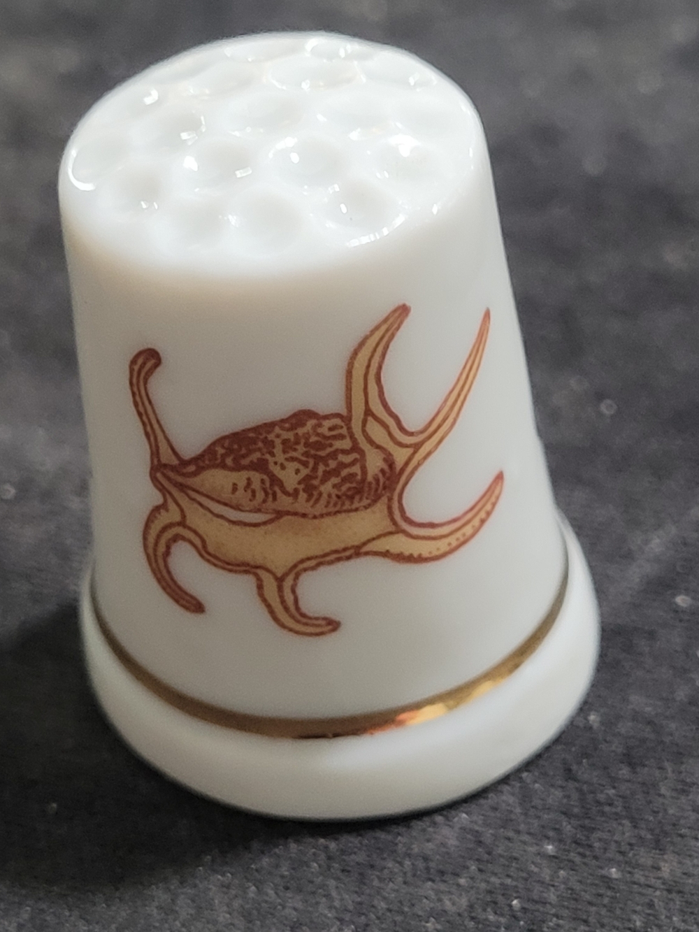White Porcelain Decorative Ocean City MD Thimble with Brown Shell Accent